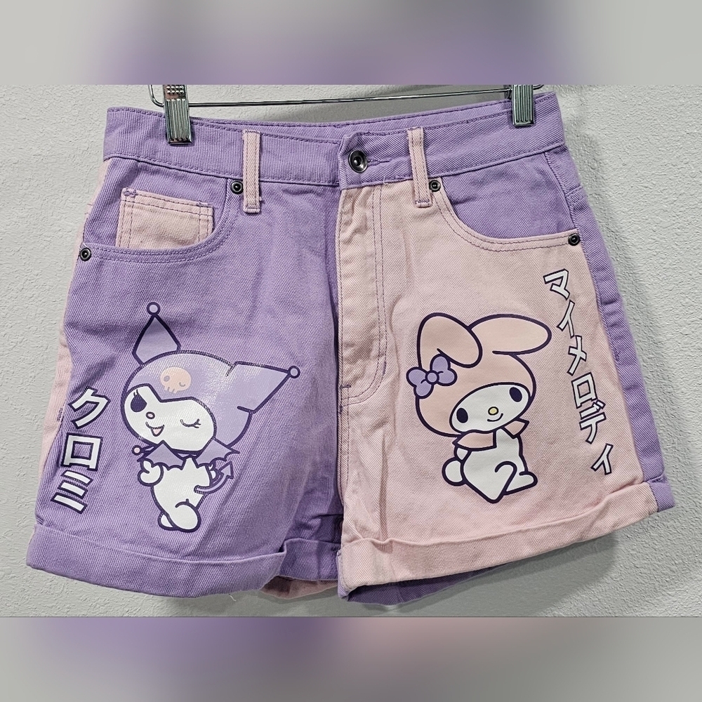 Hot Topic My Melody & Kuromi Pastel Color-Block Girls Denim Shorts Size 3 Jr NEW